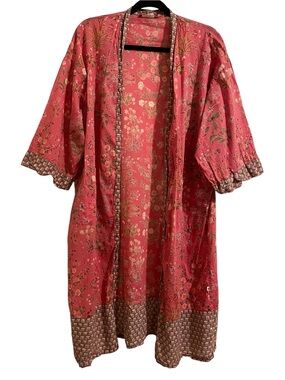 HANDPRINT Coral Pink Floral Cotton Kimono Robe Indie Boho Lightweight Fabric